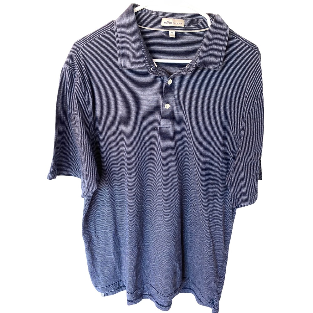 Peter Millar Golf Polo Shirt Mens XL Striped Navy Blue White Short Sleeve EUC‎